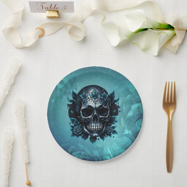 Plato De Papel Calavera azul oscuro con rosas. (Boda)
