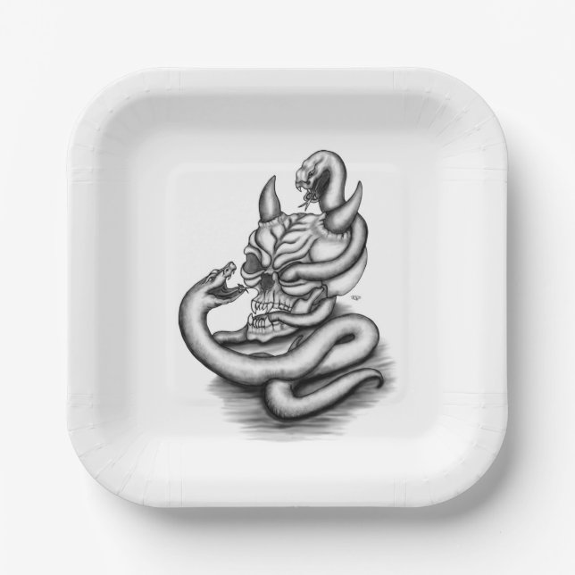 Plato De Papel Calavera - Cabeza malvada con serpiente (Anverso)
