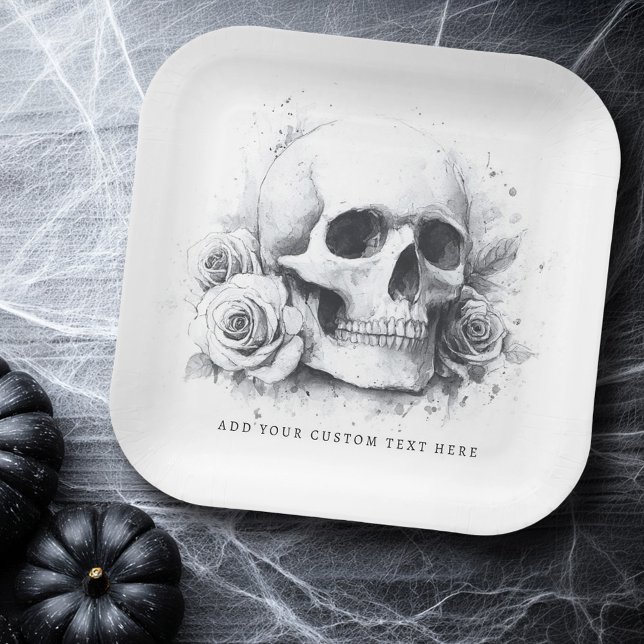 Plato De Papel Calavera con pintura acuarela de rosas (Skull with roses watercolor painting paper plates)