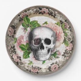 Plato De Papel Calavera con Rosas Vintage Halloween