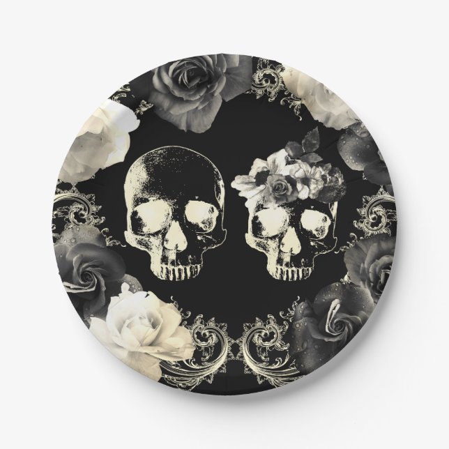 Plato De Papel Calavera Cráneo Esqueleto Gris Crema Negro Boda Gó (Anverso)