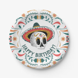 Plato De Papel Calavera de azúcar con cumpleaños de Sombrero