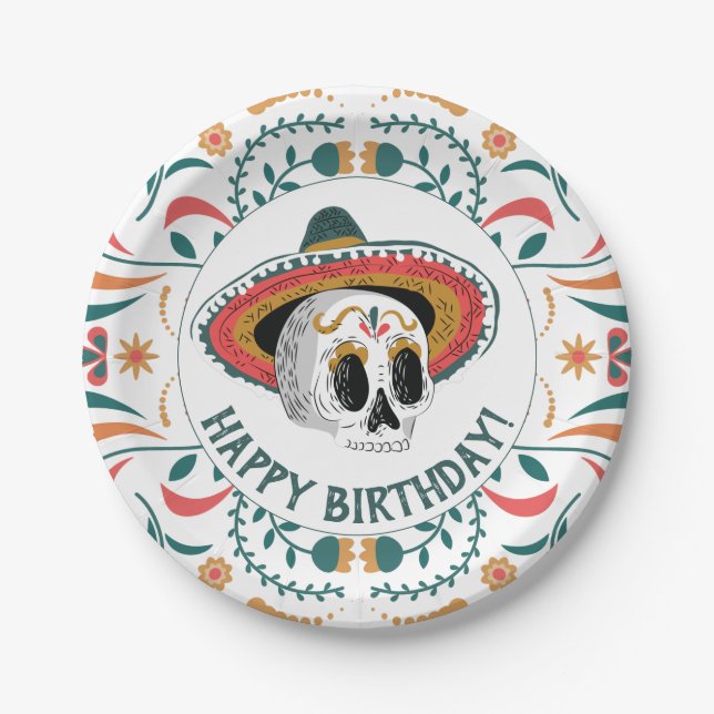 Plato De Papel Calavera de azúcar con cumpleaños de Sombrero (Anverso)