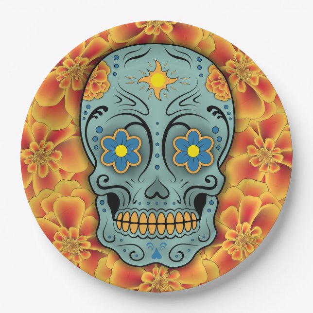 Plato De Papel Calavera de azúcar - Día de los Muertos (Marigold) (Anverso)