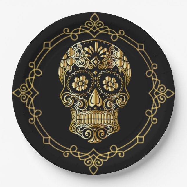 Plato De Papel Calavera de Azúcar Negro y Luncheon de oro (Anverso)