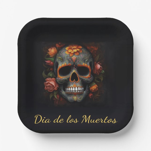 Plato De Papel Calavera de Azúcar Regal Bloom, personalizable (Anverso)
