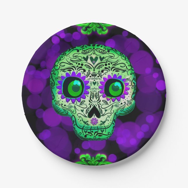 Plato De Papel Calavera de azúcar verde y morada luminosa fiesta  (Anverso)