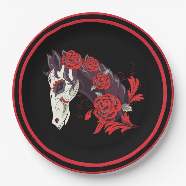 Plato De Papel Calavera de caballo con rosas rojas, días de los m (Anverso)