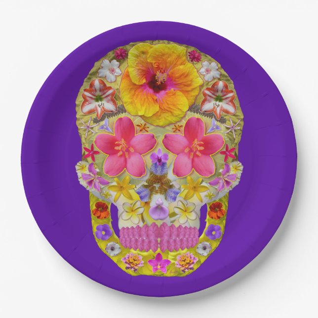 Plato De Papel Calavera de flores 4 - Tropical (Anverso)