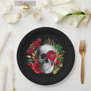 Plato De Papel Calavera de gótico con flores rojas y hojas de oro