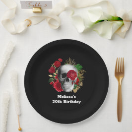 Plato De Papel Calavera de gótico con flores rojas y hojas de oro