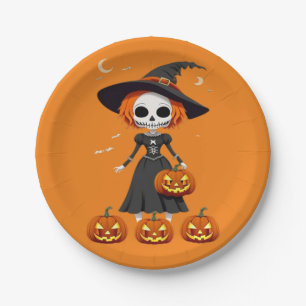 Plato De Papel Calavera de Halloween con calabaza