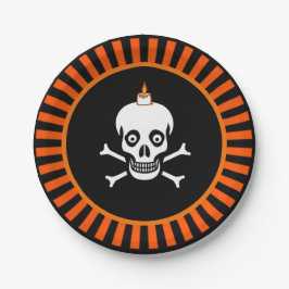 Plato De Papel calavera de Halloween sobre negro y naranja