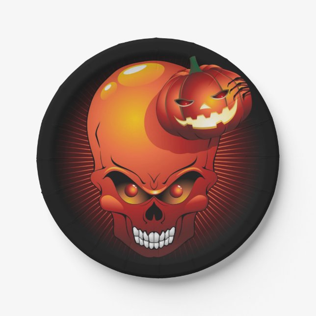 Plato De Papel Calavera de Halloween y calabaza (Anverso)