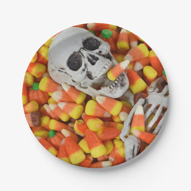 Plato De Papel calavera de Halloween y maíz de caramelo (Anverso)