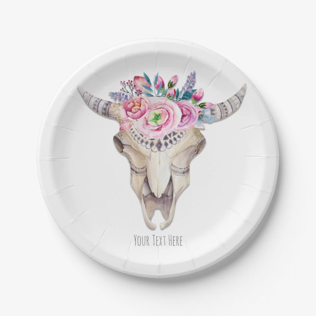 Plato De Papel Calavera de vaca floral rústica Boho Chic fiesta p (Anverso)