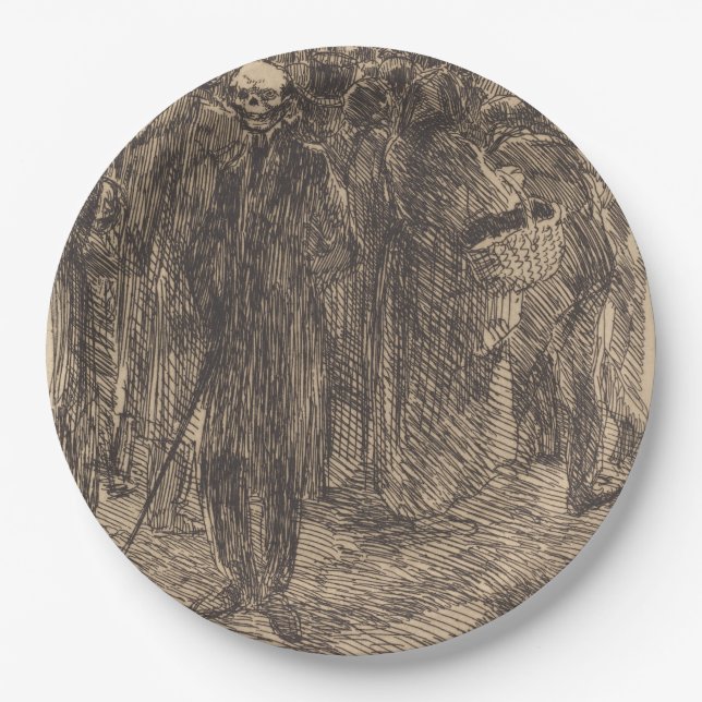 Plato De Papel Calavera en la multitud (por Albert Besnard) (Anverso)