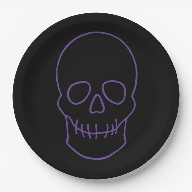 Plato De Papel Calavera en morado y negro (Anverso)