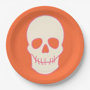Plato De Papel Calavera en rosa, Naranja y crema