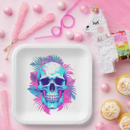 Plato De Papel Calavera floral al estilo Vaporwave