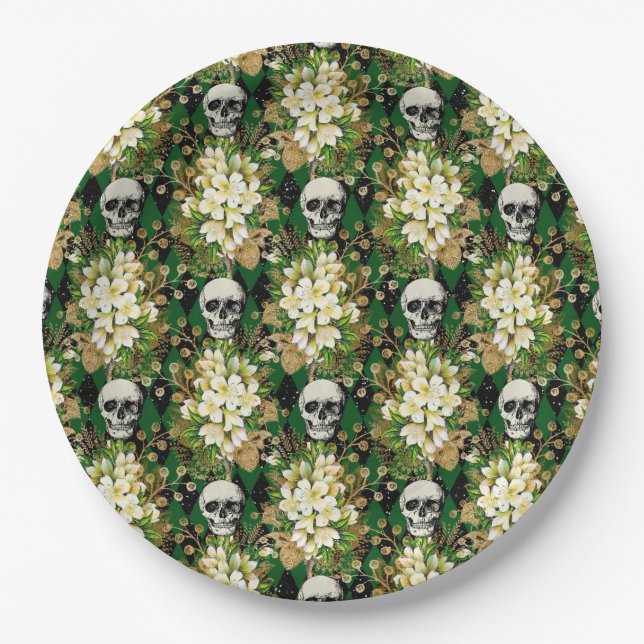 Plato De Papel Calavera Floral Argyle de Halloween Chic Patrón (Anverso)