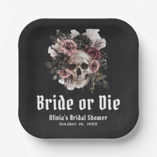 Plato De Papel Calavera Floral de Halloween Novia o Muere Despedi
