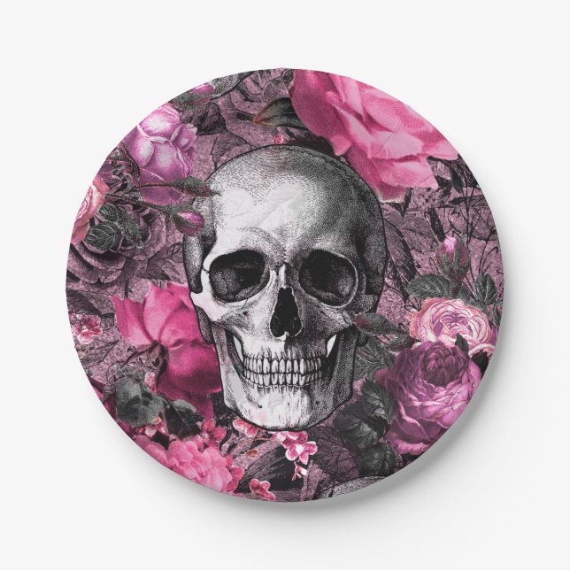 Plato De Papel Calavera floral rosa (Anverso)