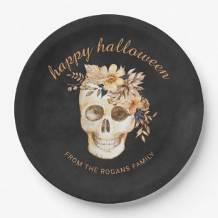 Plato De Papel Calavera Floral Rústica Halloween