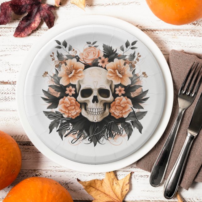 Plato De Papel Calavera Floral Vintage Halloween (Spooky floral skull plates will add an elegant touch to your Halloween party.)