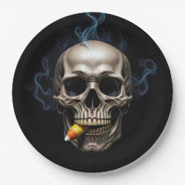 Plato De Papel Calavera Fumadora de Halloween Mordiendo Maíz de C