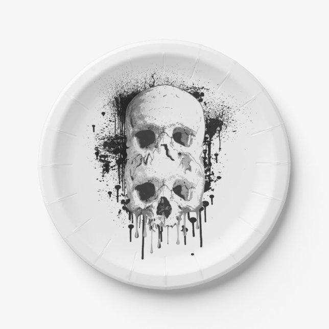 Plato De Papel Calavera Goteo Tinta Negra Gráfica Fiesta (Anverso)