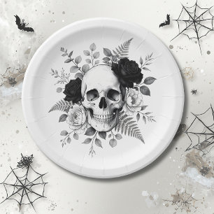 Plato De Papel Calavera Gótica Floral Halloween