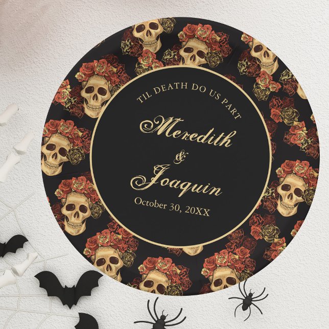Plato De Papel Calavera gótica rosa roja Boda de Halloween negro (Subido por el creador)