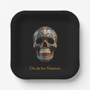 Plato De Papel Calavera personalizada turquesa dorada del Día de