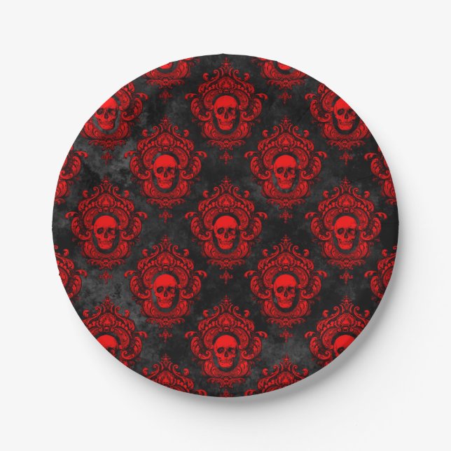 Plato De Papel Calavera roja y negro gótico (Anverso)