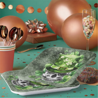 Plato De Papel Calavera vívida con ilustración de sombrero verde