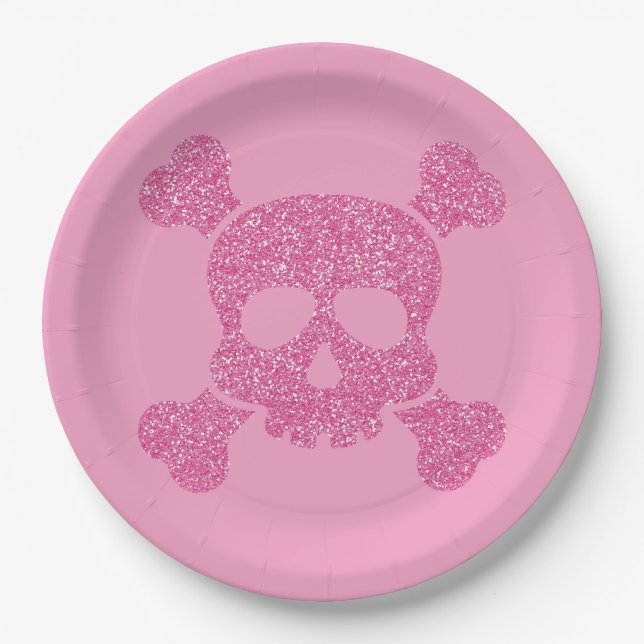 Plato De Papel Calavera y huesos cruzados de Purpurina rosa glamo (Anverso)