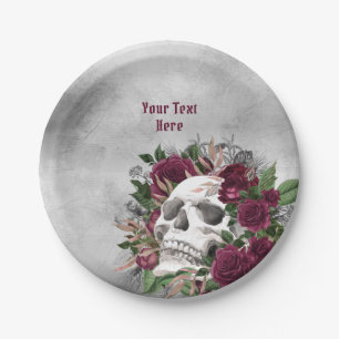 Plato De Papel Calavera y Rosas Burdeos Granate Gris Personalizad