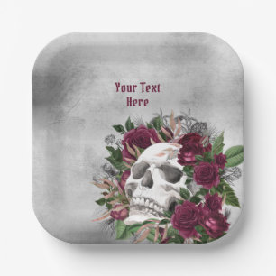 Plato De Papel Calavera y Rosas Burdeos Granate Gris Personalizad