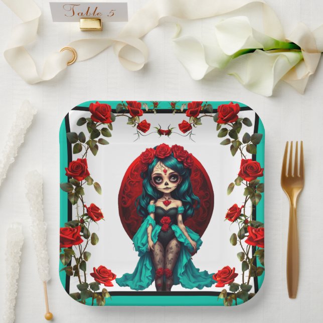 Plato De Papel Calaveras de azúcar con rosas turquesa y rojas  (Boda)