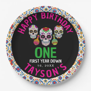 Plato De Papel Calaveras de Azúcar Cumpleaños 1er Fiesta Colorida