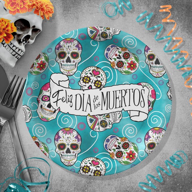 Plato De Papel Calaveras de azúcar y remolinos Rosa Turquesa ID72 (Subido por el creador)