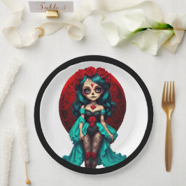 Plato De Papel Calaveras de azúcar y rosas turquesas y rojas  