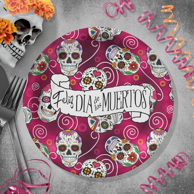 Plato De Papel Calaveras de azúcar y Swirls Subió Red ID725 (Subido por el creador)