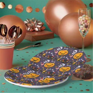 Plato De Papel Calaveras de Halloween, gatos y Fiesta sonrisas de