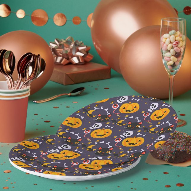 Plato De Papel Calaveras de Halloween, gatos y Fiesta sonrisas de (Multi)