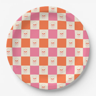 Plato De Papel Calaveras de tablero de ajedrez en rosa, Naranja y
