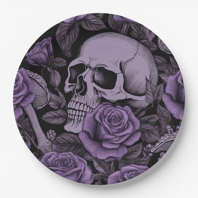 Plato De Papel Calaveras en flor: Patrón Rosa púrpura, amantes de (Anverso)