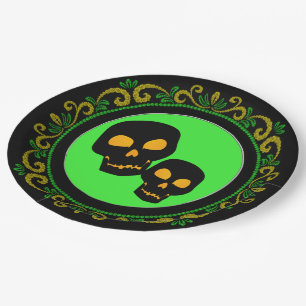 Plato De Papel Calaveras Negras Amarillo Verde Halloween