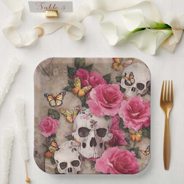 Plato De Papel Calaveras Rosa Y Mariposas Monarca (Boda)
